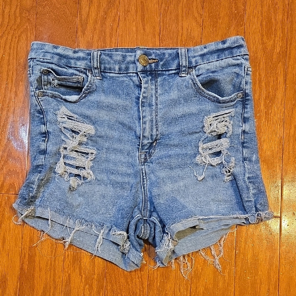 American Eagle Curvy Hi-Rise Shortie Distressed Blue Denim Shorts Size 10